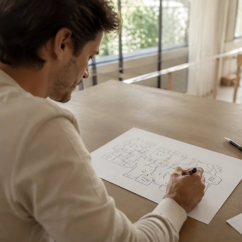 Duas pessoas relendo num tablet as notas da rodada anterior, apoiadas na mesa de madeira
