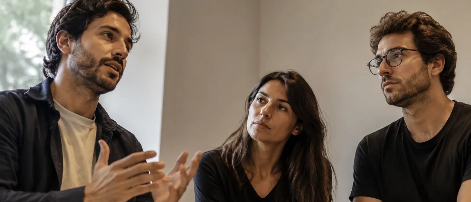 Mesa vista de cima, com o esquema de um raciocínio rabiscado à mão numa folha solta